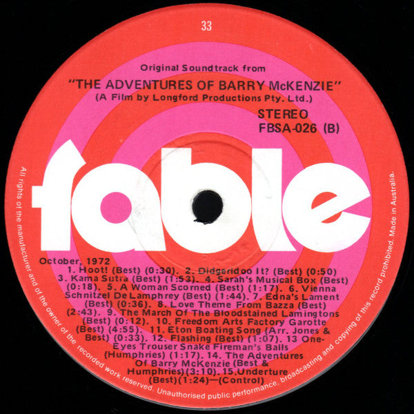 Barry Crocker & Peter Best : The Adventures Of Barry McKenzie Original Soundtrack (LP, Gat)