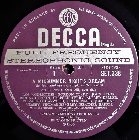 Benjamin Britten - Alfred Deller • Elizabeth Harwood • Peter Pears • Thomas Hemsley • Josephine Veasey • Heather Harper • Stephen Terry • John Shirley-Quirk • Helen Watts • Owen Brannigan • Norman Lumsden • Kenneth MacDonald • David Kelly (7) • Robert Tea : A Midsummer Night's Dream (3xLP, Album + Box)