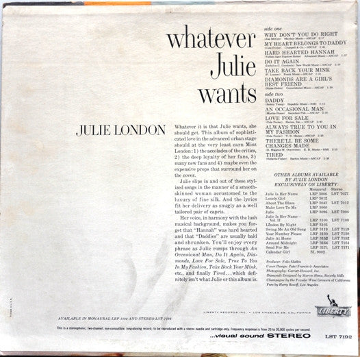 Julie London : Whatever Julie Wants (LP, Album)