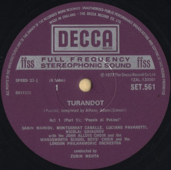 Giacomo Puccini - Joan Sutherland, Luciano Pavarotti, Montserrat Caballé, Nicolai Ghiaurov, Tom Krause With Peter Pears, John Alldis Choir, London Philharmonic Orchestra, Zubin Mehta : Turandot (3xLP, Album + Box)