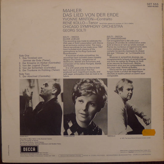 Mahler*, Yvonne Minton, René Kollo, Chicago Symphony Orchestra, Georg Solti : Das Lied Von Der Erde (LP)