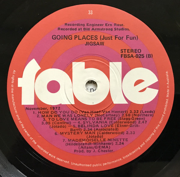 Johnny Chester And Jigsaw (17) : Going Places (Just For Fun) (LP)