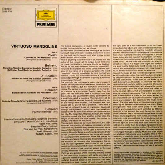 Antonio Vivaldi • Alessandro Scarlatti : Virtuoso Mandolins - Old Italian Court Dances (LP)