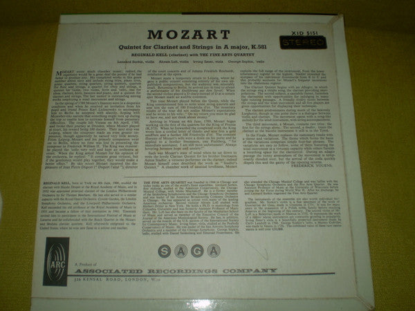 Wolfgang Amadeus Mozart, Reginald Kell And The Fine Arts Quartet : Quintet For Clarinet And Strings In A Major, K. 581 (LP)