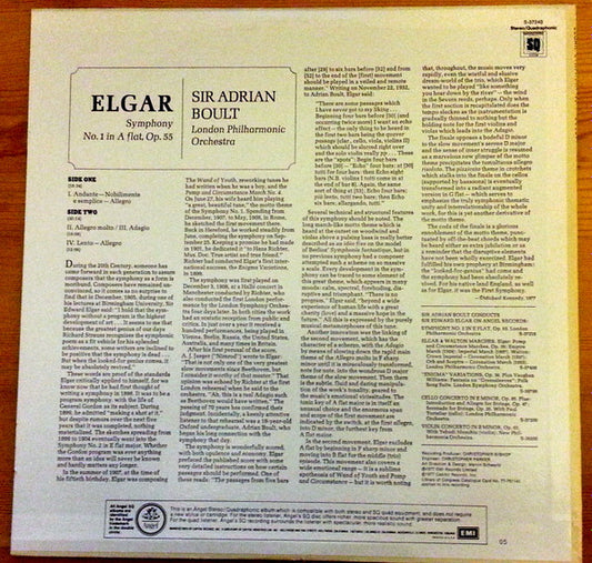 Elgar*, Sir Adrian Boult, London Philharmonic Orchestra : Symphony No. 1 In A Flat, Op. 55 (LP, Quad, SQ )