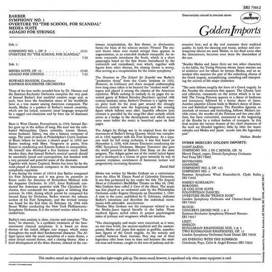 Samuel Barber, Howard Hanson, Eastman-Rochester Orchestra : Symphony No. 1 / Overture To "The School Of Scandal" / Medea Suite / Adagio For Strings (LP, Comp, RE)