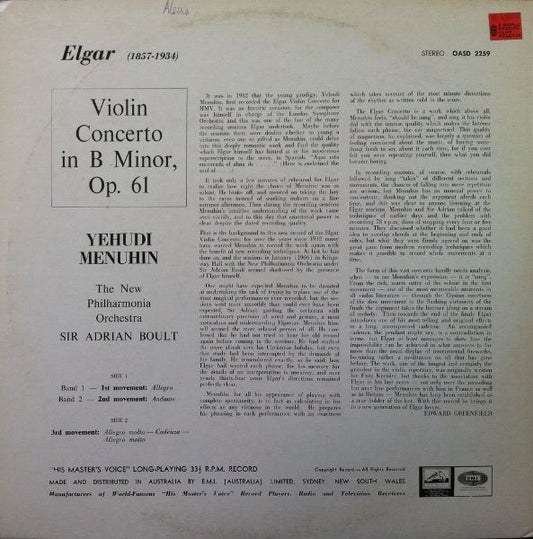 Sir Edward Elgar, Sir Adrian Boult, Yehudi Menuhin, New Philharmonia Orchestra : Violin Concerto In B Minor, Op. 61 (LP, Album)