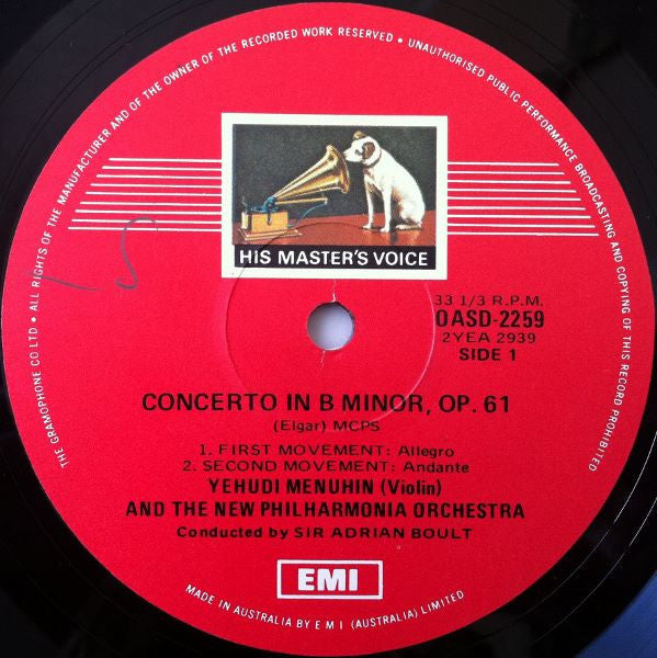 Sir Edward Elgar, Sir Adrian Boult, Yehudi Menuhin, New Philharmonia Orchestra : Violin Concerto In B Minor, Op. 61 (LP, Album)