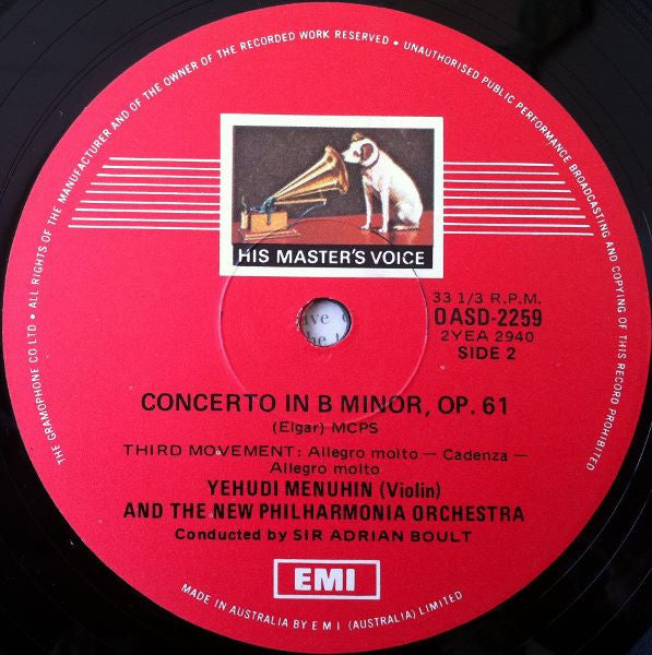 Sir Edward Elgar, Sir Adrian Boult, Yehudi Menuhin, New Philharmonia Orchestra : Violin Concerto In B Minor, Op. 61 (LP, Album)
