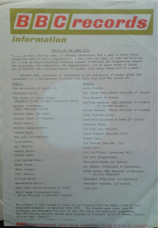 Unknown Artist : From The BBC Sound Library - A Review Of '70 (LP)