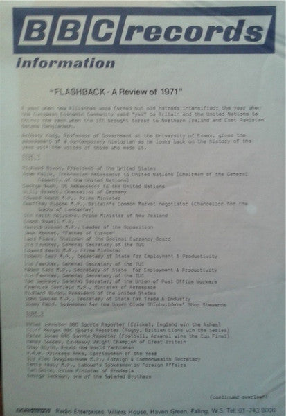 Unknown Artist : From The BBC Sound Library - Flashback A Review Of '71 (LP, Mono)