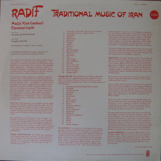 Madjid Kiani / Djamchid Chemirani : Radif - Traditional Music Of Iran (LP, Album, Club)