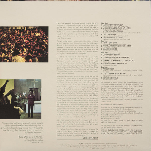 Aretha Franklin With Rev. James Cleveland & The Southern California Community Choir : Amazing Grace (2xLP, Album, RE, 180)