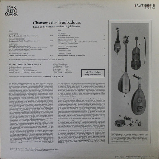 Studio Der Frühen Musik : Chansons Der Troubadours (Lieder Und Spielmusik Aus Dem 12. Jahrhunderts) (LP)