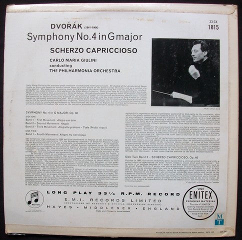 Antonín Dvořák - Philharmonia Orchestra, Carlo Maria Giulini : Symphony N°4 / Scherzo Capriccioso (LP, Mono)
