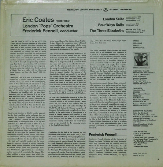 Frederick Fennell Conducts Music By Eric Coates, The London Pops Orchestra : London Suite / Three Elizabeths / Four Ways (LP)