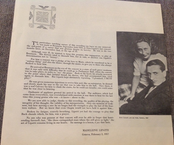 Dinu Lipatti : His Last Recital (Besancon Festival - September 16, 1950) (2xLP, Album, Mono, RE + Box, Mono, RE)