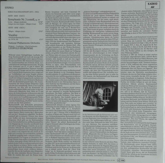 Sergei Vasilyevich Rachmaninoff - National Philharmonic Orchestra, Leopold Stokowski : Symphonie Nr.3 A-Moll, Op.44 / Vocalise (LP, Album, Gat)