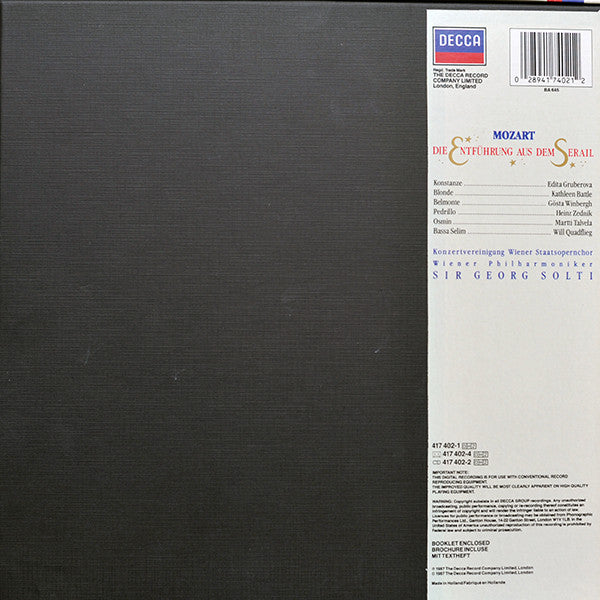 Wolfgang Amadeus Mozart – Edita Gruberova, Kathleen Battle, Gösta Winbergh, Heinz Zednik, Martti Talvela, Will Quadflieg, Wiener Philharmoniker, Georg Solti : Die Entführung Aus Dem Serail (2xLP, Album + Box)