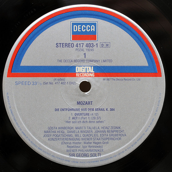 Wolfgang Amadeus Mozart – Edita Gruberova, Kathleen Battle, Gösta Winbergh, Heinz Zednik, Martti Talvela, Will Quadflieg, Wiener Philharmoniker, Georg Solti : Die Entführung Aus Dem Serail (2xLP, Album + Box)