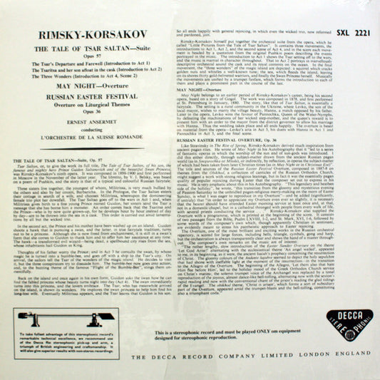 Ernest Ansermet, L'Orchestre De La Suisse Romande, Nikolai Rimsky-Korsakov : The Tale Of Tsar Saltan / May Night / Russian Easter Festival (LP, RE)