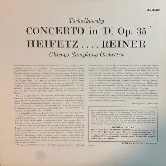 Pyotr Ilyich Tchaikovsky, Jascha Heifetz, Fritz Reiner, Chicago Symphony Orchestra : Violin Concerto (LP, Album, RE, Ind)