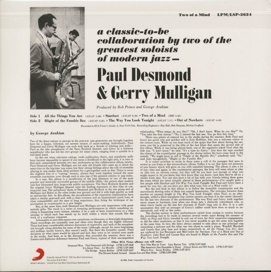 Paul Desmond, Gerry Mulligan : Two Of A Mind (LP, Album, RE, 180)