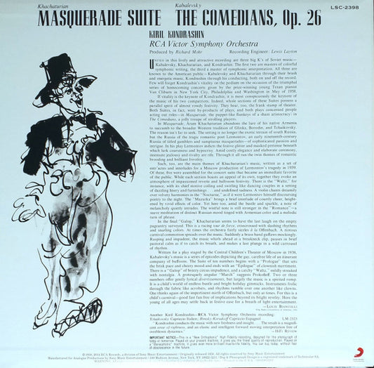 Aram Khatchaturian / Dmitry Kabalevsky / RCA Victor Symphony Orchestra : Masquerade Suite / The Comedians (LP, Album, Ltd, RE, RM, 200)
