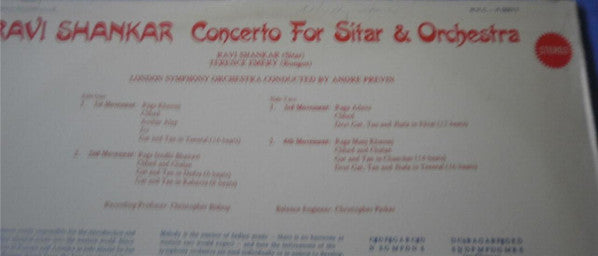 Ravi Shankar & André Previn - London Symphony Orchestra : Concerto For Sitar & Orchestra (LP, Album, Club, RE)