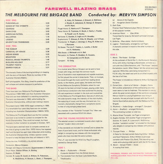 Melbourne Fire Brigade Band Conducted By Mervyn Simpson : Farewell ... Blazing Brass (LP, Album)