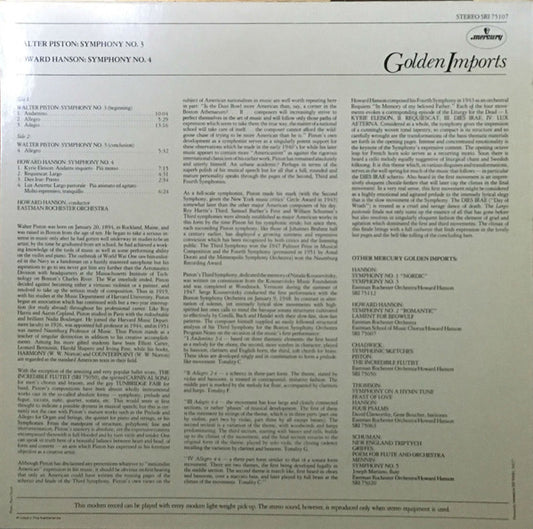 Walter Piston / Howard Hanson, Howard Hanson, Eastman-Rochester Orchestra : Symphony No. 3 / Symphony No. 4 (LP, Album, Comp, RE)