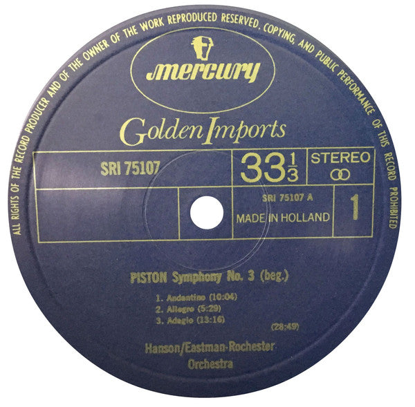 Walter Piston / Howard Hanson, Howard Hanson, Eastman-Rochester Orchestra : Symphony No. 3 / Symphony No. 4 (LP, Album, Comp, RE)