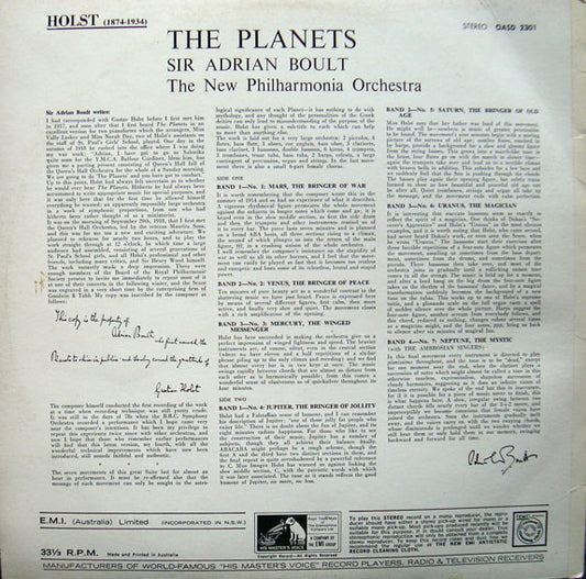 Sir Adrian Boult - New Philharmonia Orchestra With The Ambrosian Singers / Gustav Holst : The Planets (LP)