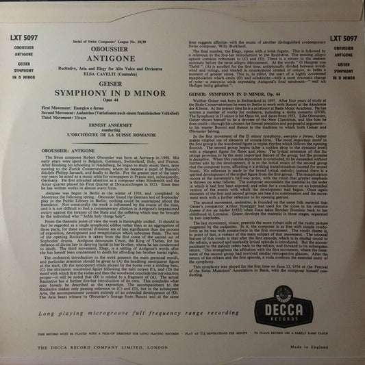 Ernest Ansermet, Robert Oboussier, Walther Geiser : Antigone / Symphony In D Minor (LP, Mono)