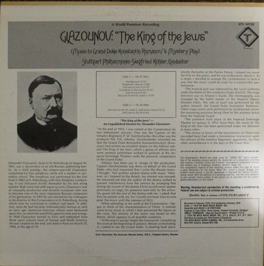 Alexander Glazunov / Stuttgarter Philharmoniker, Siegfried Köhler (2) : The King Of Jews (Music To Grand Duke Konstantin Romanov's Mystery Play) (LP, Album, Quad)