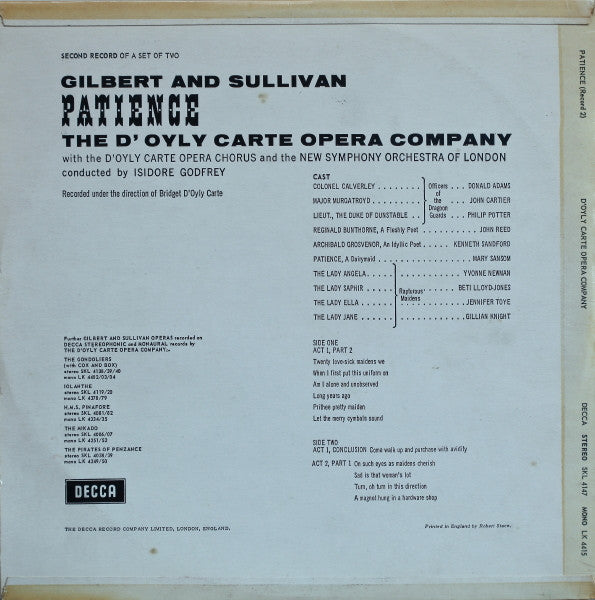Gilbert & Sullivan, The D'Oyly Carte Opera Company Orchestra, Isidore Godfrey : Patience (With Complete Dialogue) (2xLP, Album)
