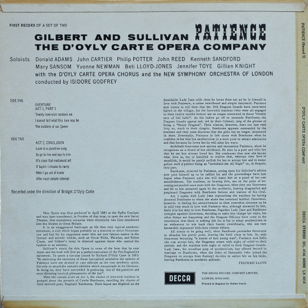 Gilbert & Sullivan, The D'Oyly Carte Opera Company Orchestra, Isidore Godfrey : Patience (With Complete Dialogue) (2xLP, Album)