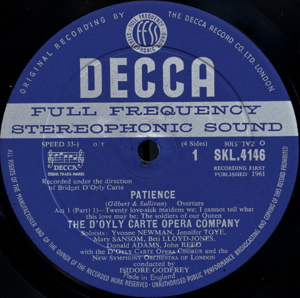 Gilbert & Sullivan, The D'Oyly Carte Opera Company Orchestra, Isidore Godfrey : Patience (With Complete Dialogue) (2xLP, Album)