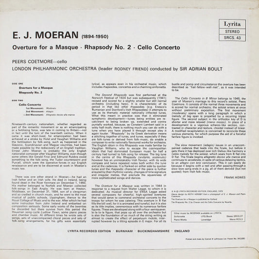 Ernest John Moeran, Peers Coetmore, London Philharmonic Orchestra, Sir Adrian Boult : Cello Concerto / Overture For A Masque / Rhapsody No 2 (LP)