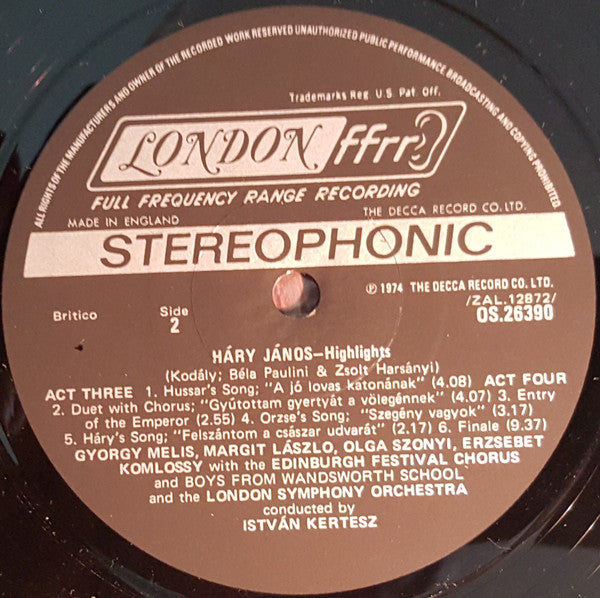 Zoltán Kodály, István Kertész : Hary Janos Highlights (LP, RE)