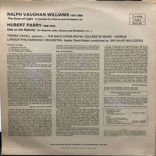 Ralph Vaughan Williams, Charles Hubert Hastings Parry, Teresa Cahill, The Bach Choir, Royal College Of Music Chorus, London Philharmonic Orchestra, David Willcocks : The Sons Of Light; Ode On The Nativity (LP)