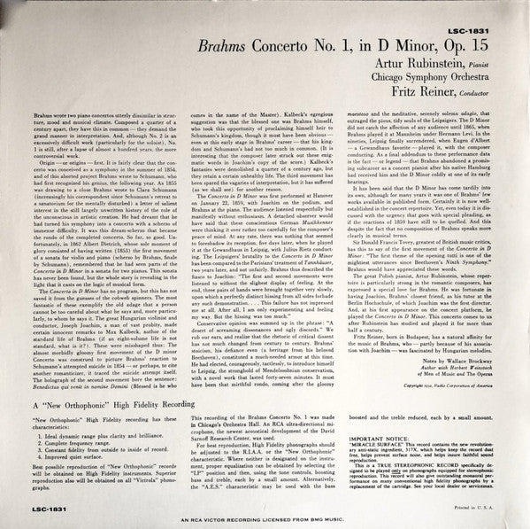 Johannes Brahms, Arthur Rubinstein, Fritz Reiner, Chicago Symphony Orchestra : Concerto No. 1 In D Minor, Op. 15 (LP, RE, RM, 180)