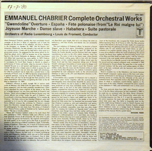 Emmanuel Chabrier, Louis De Froment, Orchestra Of Radio Luxembourg : Complete Orchestral Works (LP, Quad)