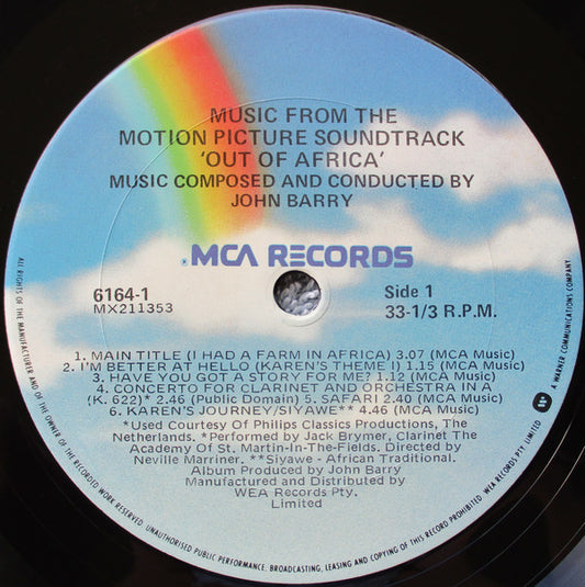 John Barry : Out Of Africa (Music From The Motion Picture Soundtrack) (LP, Album)