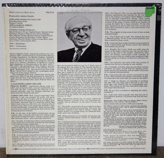 Aaron Copland, Columbia Chamber Orchestra : Copland Conducts Copland: Appalachian Spring (Complete Ballet) (LP, Album, Quad)