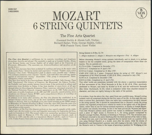 Wolfgang Amadeus Mozart - The Fine Arts Quartet With Francis Tursi : 6 String Quintets (3xLP, Album + Box)