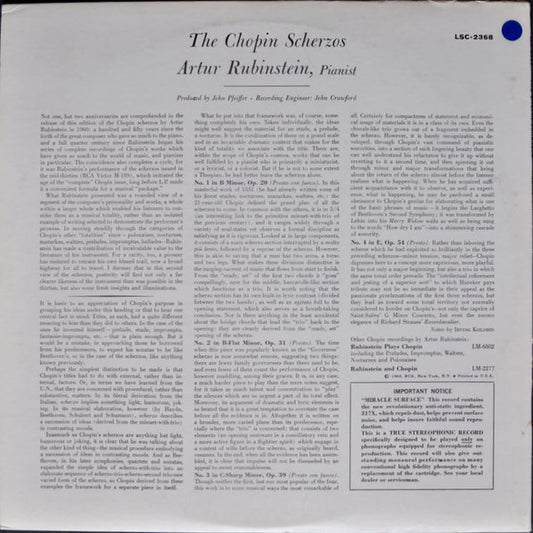 Frédéric Chopin, Arthur Rubinstein : The Chopin Scherzos (LP, RE)