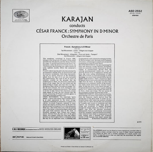 César Franck, Orchestre De Paris, Herbert von Karajan : Symphony In D Minor (LP, RP)