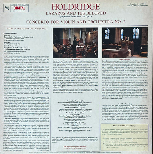 Lee Holdridge - Glenn Dicterow, London Symphony Orchestra : Concerto For Violin And Orchestra No. 2 / Lazarus And His Beloved (LP, Album, S/Edition)
