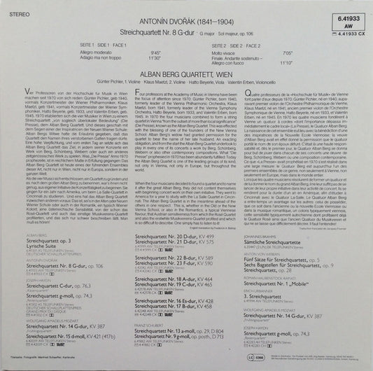 Alban Berg Quartett, Antonín Dvořák : Streichquartett - String Quartet - Quatuor A Cordes Nr. 8 G-dur Op. 106 (LP, RE, 180)
